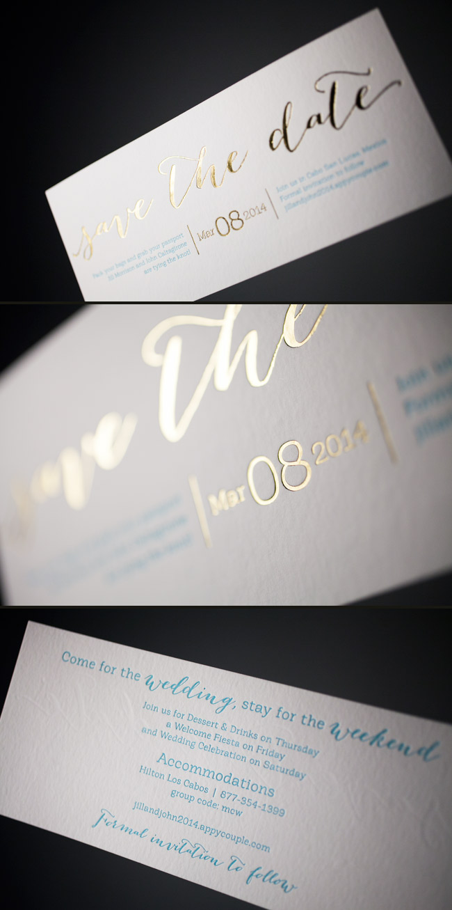 Custom Rainier letterpress + foil stamped save the dates from Smock