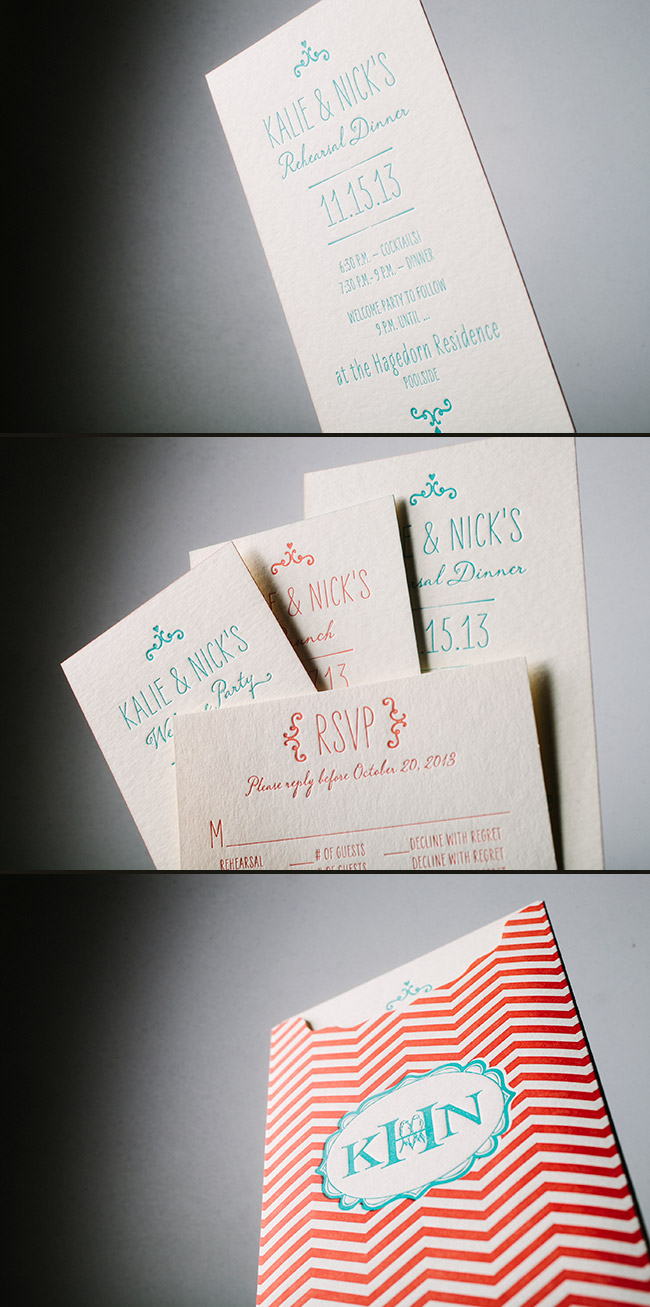 Rehearsal dinner invitations Letterpress rehearsal dinner invitations with a sleeve from Smock