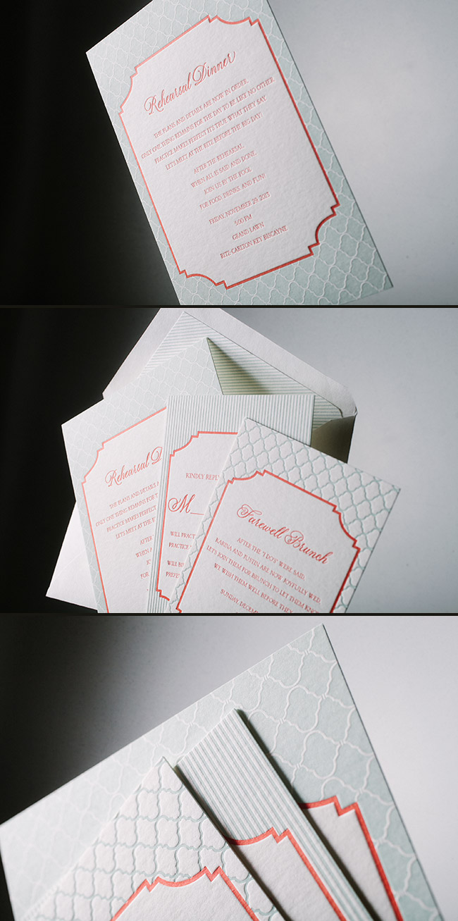 Custom letterpress rehearsal dinner and brunch invitations from Smock