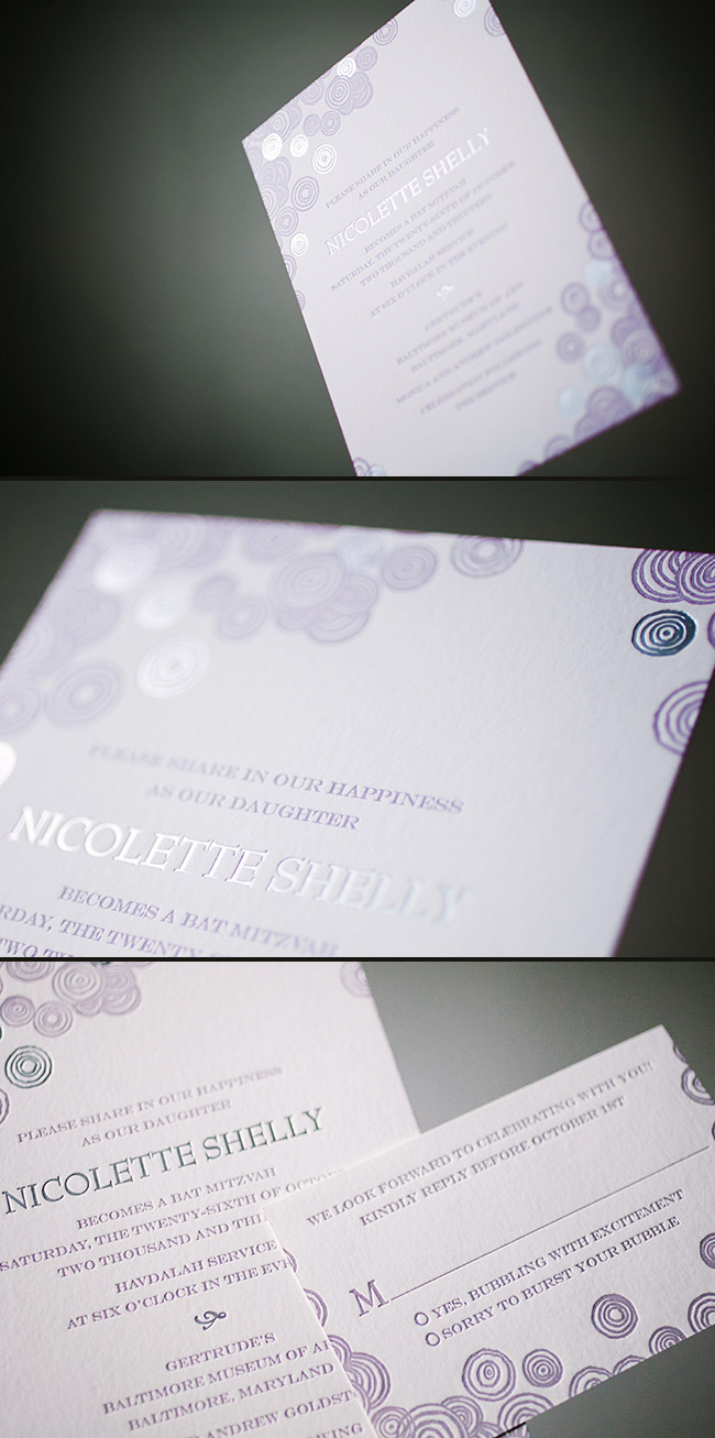 Custom bubbling Bat Mitzvah invitations from Smock