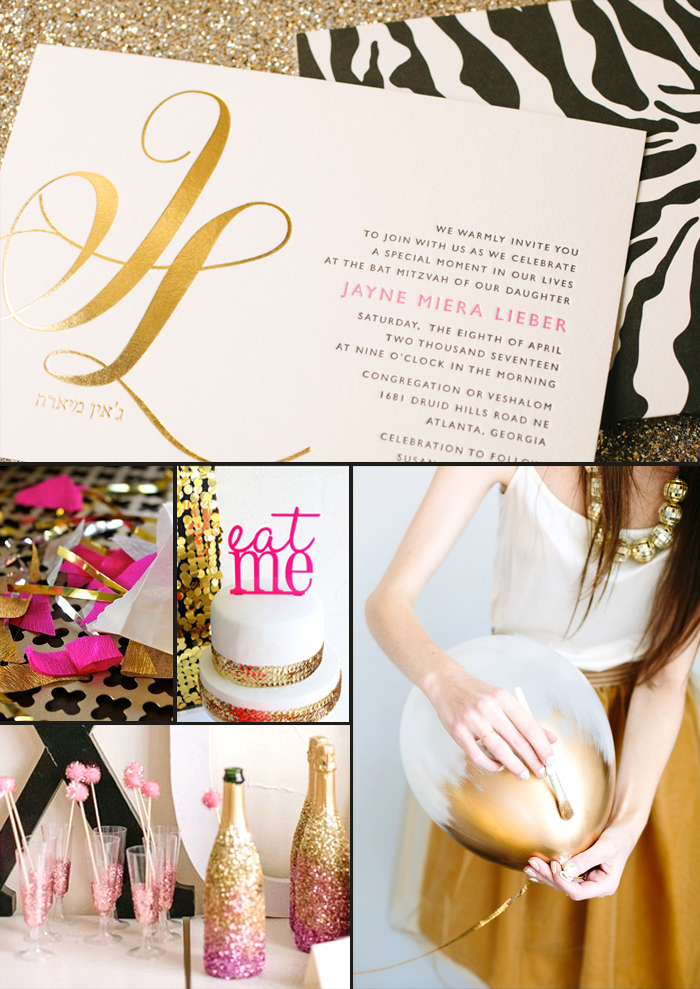 Gold foil Finley Bat Mitzvah Invitations + party ideas from Smock