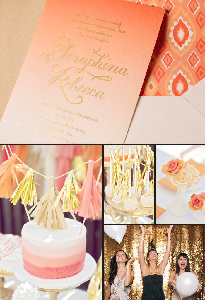Ombre + gold foil Amira Bat Mitzvah invitations + party ideas from Smock